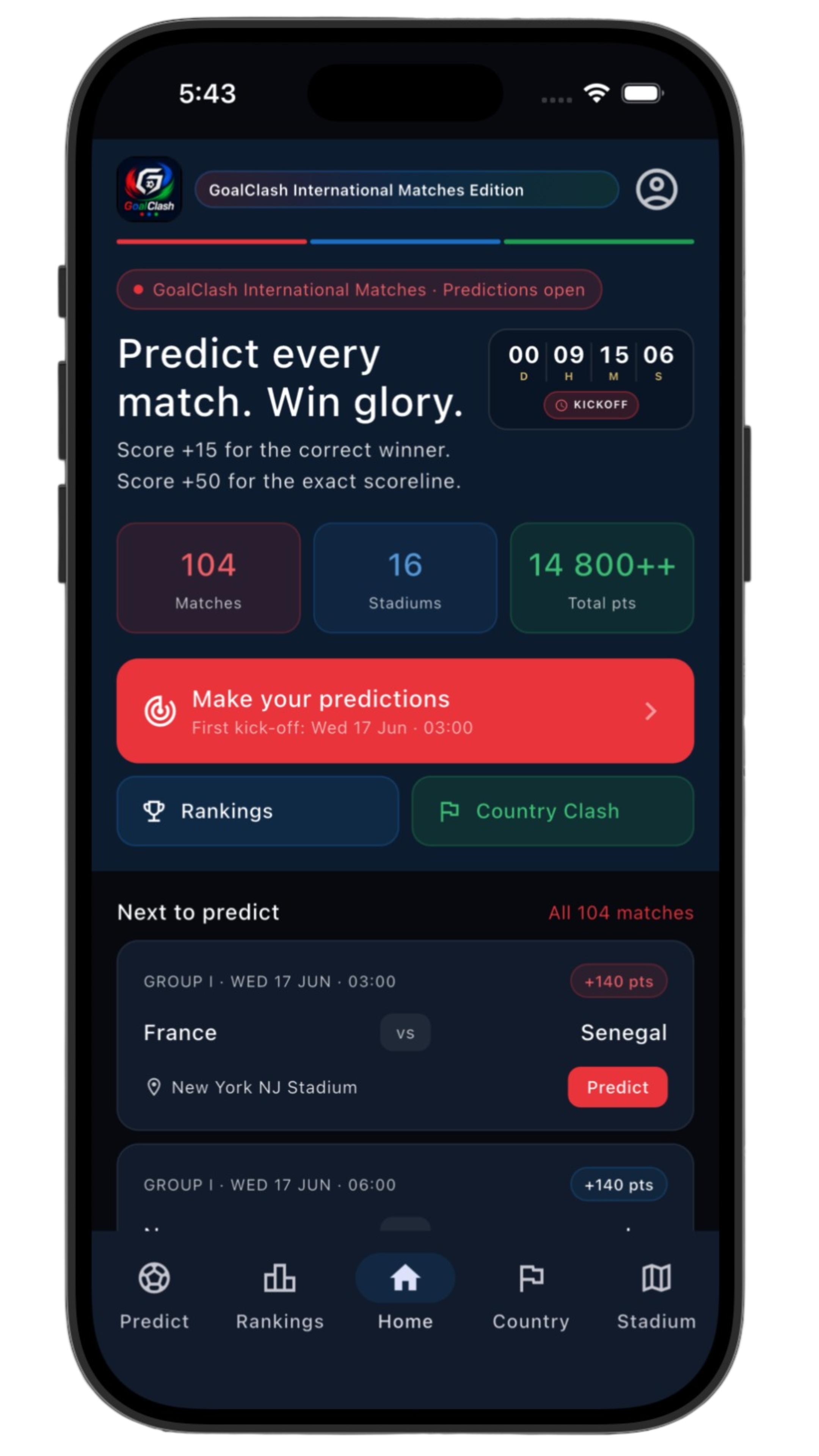 GoalClash home dashboard with kickoff countdown and match predictions